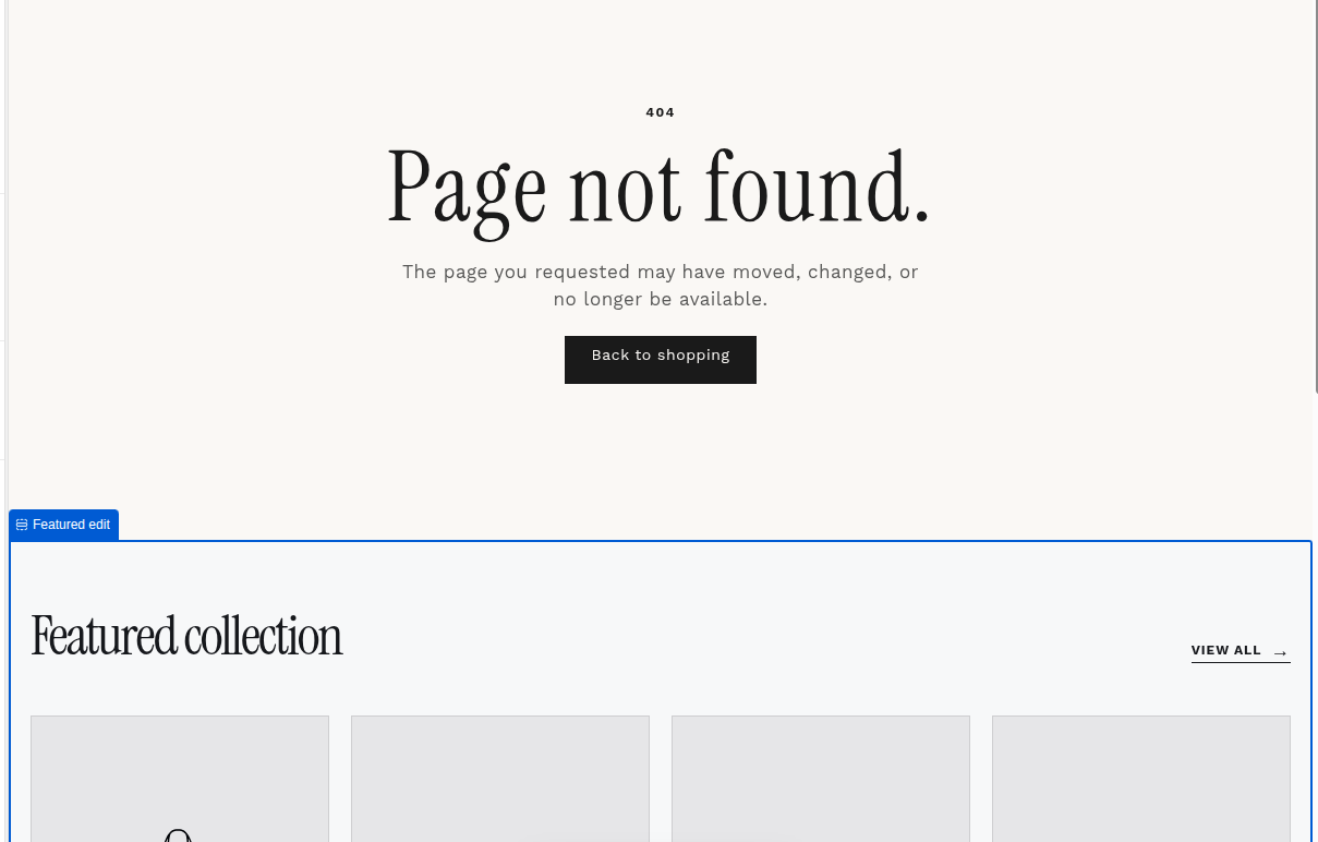 Narrivelle 404 page preview with a Featured edit section below the not-found message.