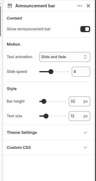 Narrivelle Theme Editor Announcement bar settings.