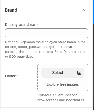 Narrivelle Theme Editor Brand settings showing Display brand name and Favicon controls.