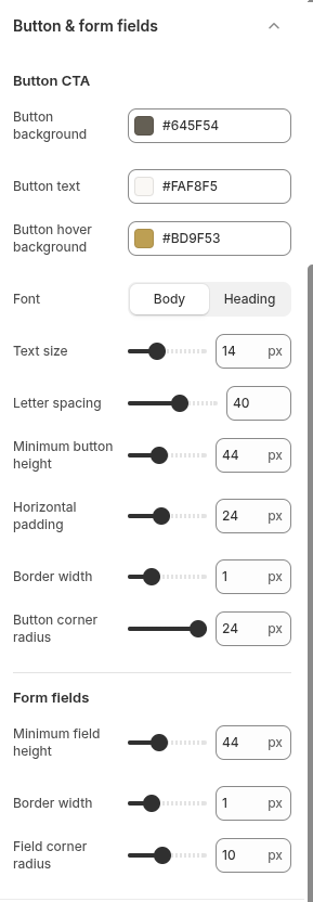 Narrivelle Theme Editor Buttons and form fields settings.