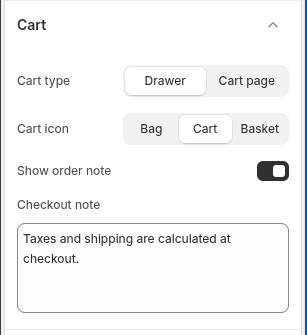 Narrivelle Theme Editor Cart settings showing cart type, cart icon, order note, and checkout note controls.