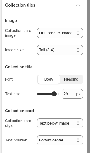 Narrivelle Theme Editor Collection tiles settings.