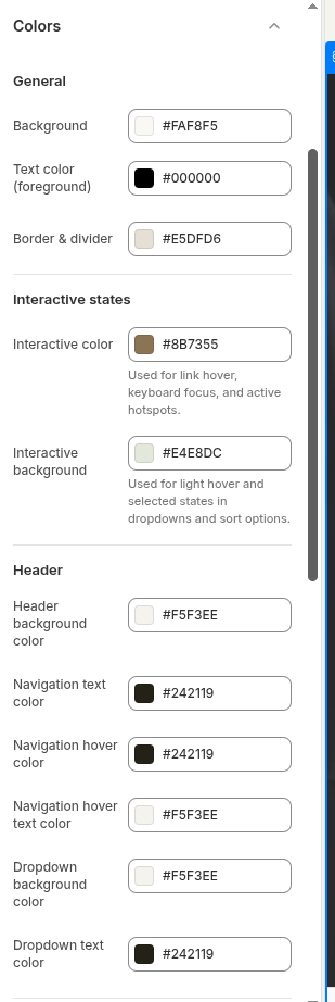 Narrivelle Theme Editor Colors settings, first section.