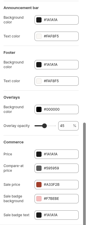 Narrivelle Theme Editor Colors settings, second section.