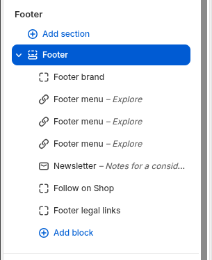 Narrivelle Theme Editor Footer settings, first section.