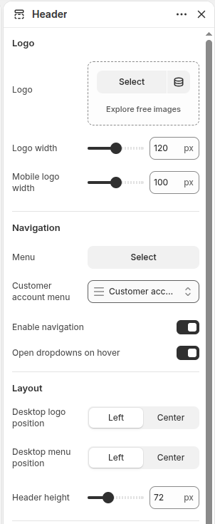 Narrivelle Theme Editor Header settings, first section.