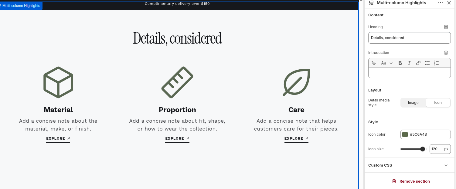 Narrivelle Multi-column Highlights storefront preview alongside its Theme Editor section controls.