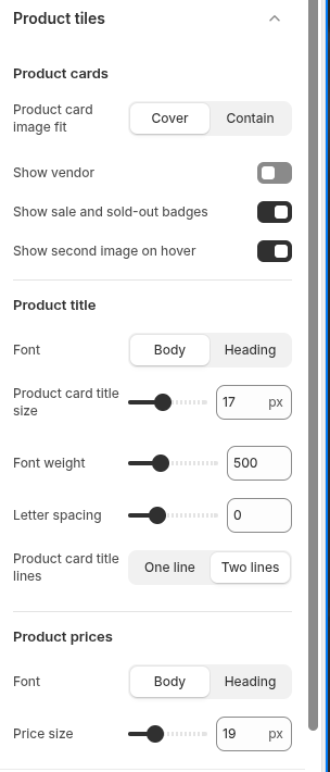 Narrivelle Theme Editor Product cards settings.