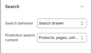 Narrivelle Theme Editor Search settings showing Search behavior and Predictive search content controls.