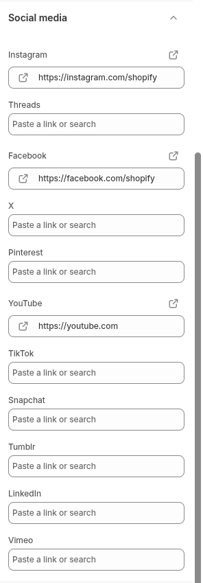 Narrivelle Theme Editor Social media settings.