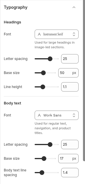 Narrivelle Theme Editor Typography settings showing Headings and Body text controls.