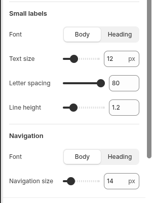 Narrivelle Theme Editor Typography settings showing Small labels and Navigation controls.